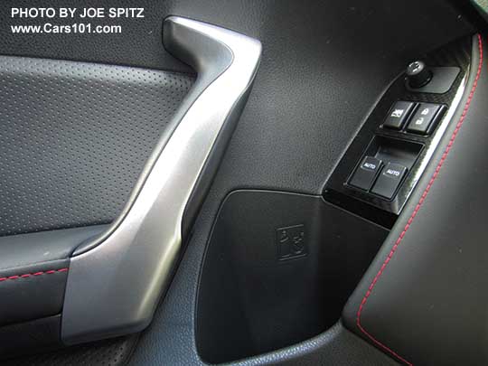 2017 Subaru BRZ Limited silver door grab handle, padded speaker trim with red stitching, gloss power window/door lock plate,