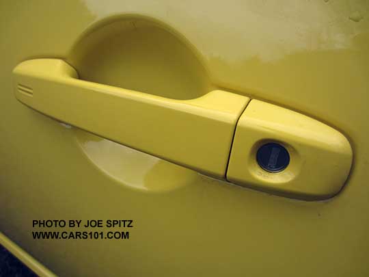 2017 Subaru BRZ Limited Series.Yellow Charlesite Yellow outside driver's door handle with keyless access lock hotspot and key lock cylinder