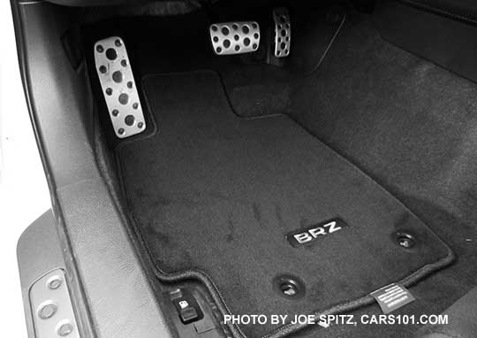 2017 Subaru BRZ carpeted front floor mat with BRZ logo. Automatic transmission model shown.