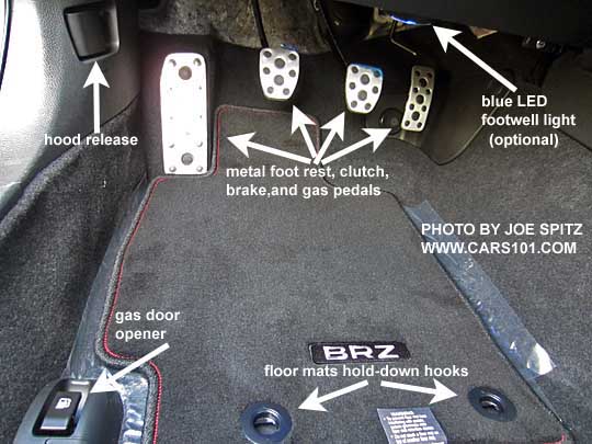 diagrammed 2017 BRZ gas/brake/clutch pedals, carpeted floor mats, hood opener, gas door release, optional blue footwell LED...