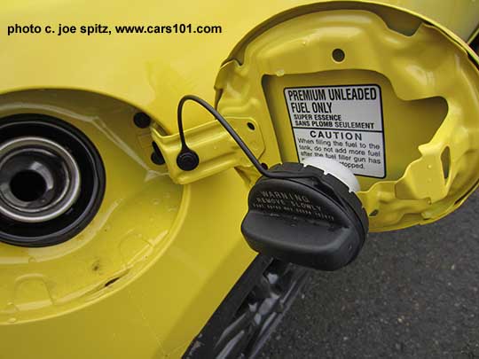 2017 Subaru BRZ fuel door with gas cap holder and tether. Limited Series.Yellow shown.
