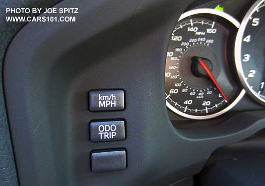 2017 Subaru BRZ digital speedometer miles/kilometer km settings button, on left side of gauges.
