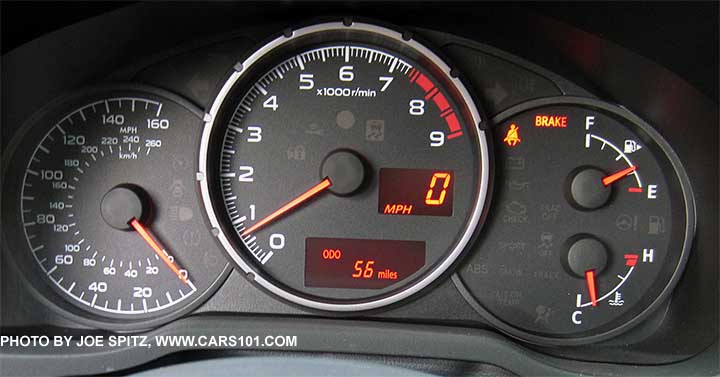 2017 Subaru BRZ Premium dash gauges- analog speedometer (160 mph) and center tachometer (7300 redline) with digital inset speedometer and odometer, right side analog fuel and engine temperature gauges