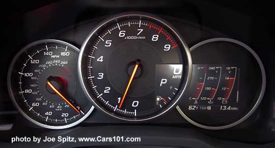 2017 Subaru BRZ Limited dashboard gauges with speedometer, center tach, digital speedometer, fuel gauge and digital performance gauge (right gauge)