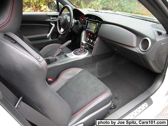 2017 Subaru BRZ Limited interior- black alcantara seats with leather bolsters, red stitching, automatic transmission model shown