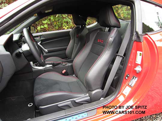 2017 Subaru BRZ Limited interior, black alcantara seating with red BRZ logo. Pure red car shown.