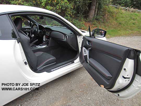 2017 Subaru BRZ Limited passenger door and interior- black alcantara seats with leather bolsters, red stitching