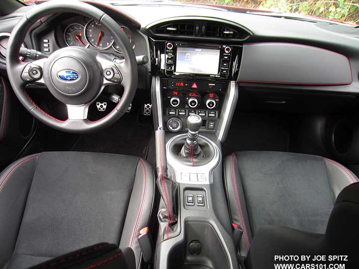 2017 Subaru BRZ Limited interior. manual transmission, black alcantara seating surfaces, red stitching, dual zone climate control, padded dash trim, leather wrapped steering wheel