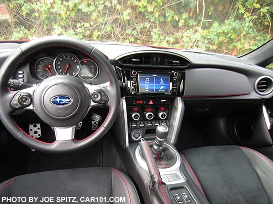 2017 Subaru BRZ Limited interior. manual transmission, black alcantara seating surfaces, red stitching, charlesite yellow stitching, dual zone climate control, padded dash trim, leather wrapped steering wheel