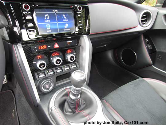 2017 Subaru BRZ Limited center console,  manual transmission, dual zone climate control w/ digital display, 6.2" audio screen with gloss black trim.