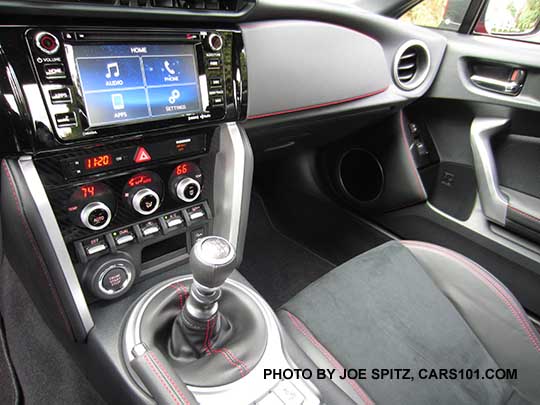 2017 Subaru BRZ Limited center console,  manual transmission, dual zone climate control w/ digital display, 6.2" audio screen with gloss black trim, black alcantara seat with leather bolsters