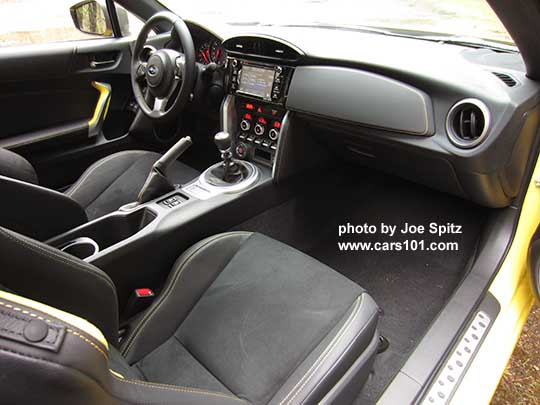 2017 Subaru BRZ Limited Series.Yellow interior from the passenger side. Black alcantara and Charlesite Yellow seat bolsters, door accents, and dash stitching. Only 500 Series.Yellow made.