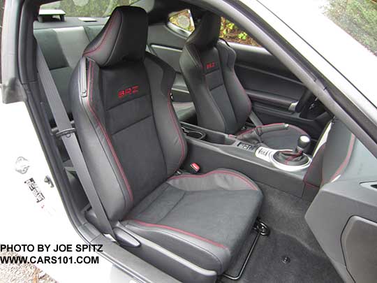 2017 Subaru BRZ Limited passenger seat- black alcantara seats with leather bolsters, red stitching, red BRZ logo