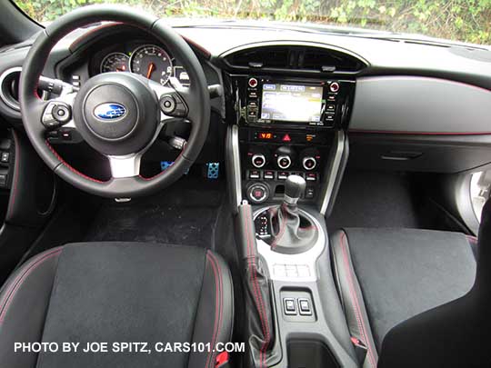 2017 Subaru BRZ Limited interior and dash- black alcantara seats with leather bolsters, red stitching, automatic transmission shown