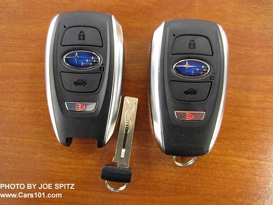 2017 Subaru BRZ Limited keyless access pushbutton start 2 key fobs. Showing the physical emergency key that will unlock the drivers door.