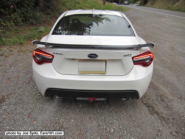 rear view 2017 BRZ Limited, white with black rear spoiler, LED tail lights