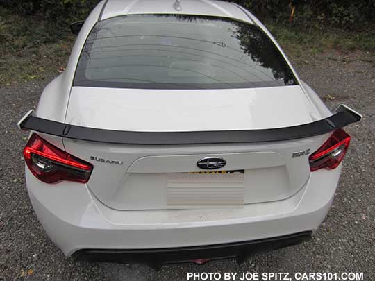 rear view 2017 BRZ Limited, white with black rear spoiler