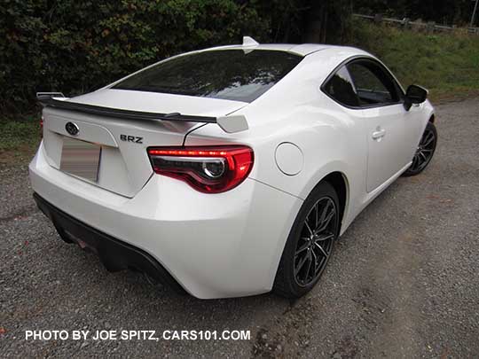 2017 BRZ rear view with LED taillights, rear spoiler, crystal white pearl color