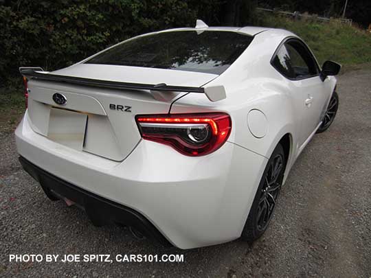2017 BRZ Limited rear view with LED taillights, rear spoiler, crystal white pearl color