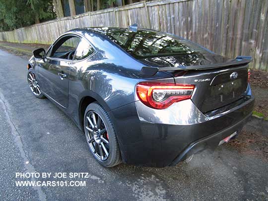 rear view 2017 Subaru BRZ Limited with optional Performance Package with upgraded 17x7.5" gray 10 spoke alloys, Brembo brakes. Dark Gray shown.