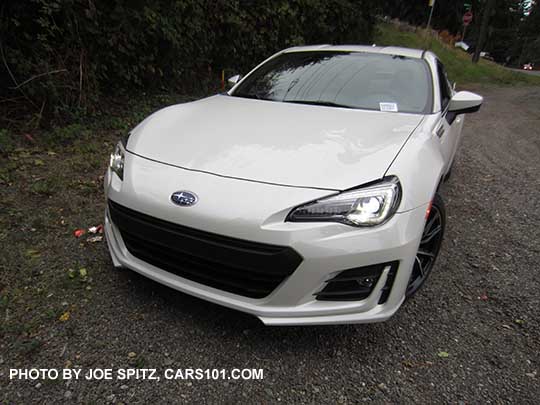 2017 BRZ Limited front view with fog lights, crystal white pearl color