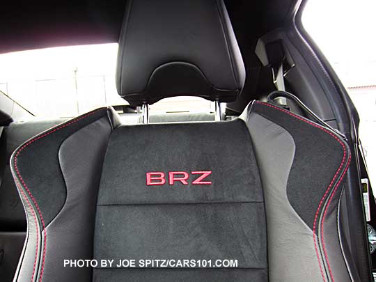 2017 Subaru BRZ Limited  front seats, black alcantara, black leather seat bolsters, red stitching, and red BRZ seatback logo