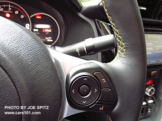 closeup of the 2017 Subaru BRZ Limited Series.Yellow leather wrapped steering wheel with yellow stitching, right side shown