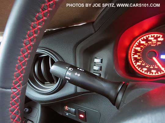2017 Subaru Premium leather wrapped steering wheel, red stitching, headlight switch (no fog lights), gray vent trim