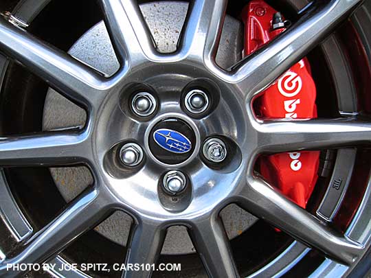 closeup of the front 2017 BRZ Limited 17x7.5" 10 spoke high luster gray alloy and brembo brakes included with optional Performance Package