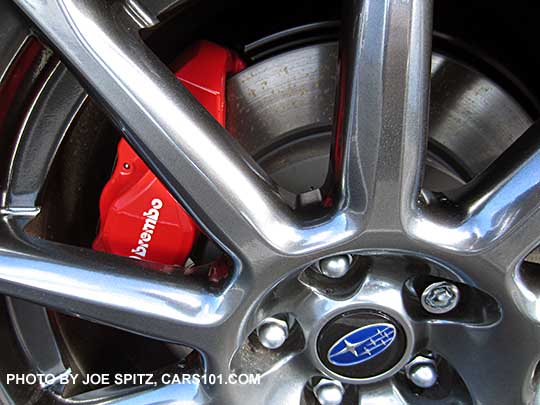 closeup of the rear wheel on a  2017 BRZ Limited 17x7.5" 10 spoke high luster gray alloy and brembo brakes included with optional Performance Package.