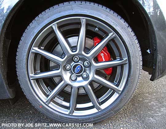 closeup of the left rear wheel on a  2017 BRZ Limited 17x7.5" 10 spoke high luster gray alloy and brembo brakes included with optional Performance Package
