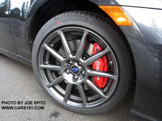 Right front wheel on a  2017 BRZ Limited 17x7.5" 10 spoke high luster gray alloy and brembo brakes included with optional Performance Package