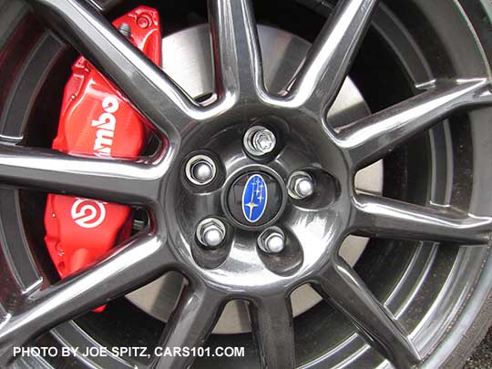 close up of the 2017 Subaru BRZ Limited Series.Yellow 17" black alloy wheel, red Brembo front wheel brake calipers