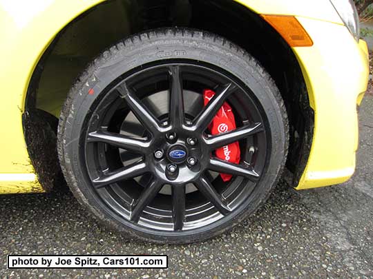 close up of the 2017 Subaru BRZ Limited Series.Yellow 17" black alloy wheel, red Brembo front wheel brake calipers. Limited Series.Yellow shown