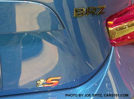 2018 Subaru BRZ tS rear trunk chrome and red tS badge and black BRZ logo. WR Blue car shown.