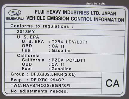 2013 subaru xv crsosstrek EPA emissions sticker under the hood