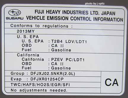 2013 subaru xv crsosstrek EPA emissions sticker under the hood