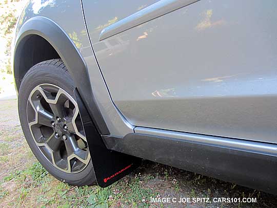 rally armor mud flaps on a silver subaru crosstrek