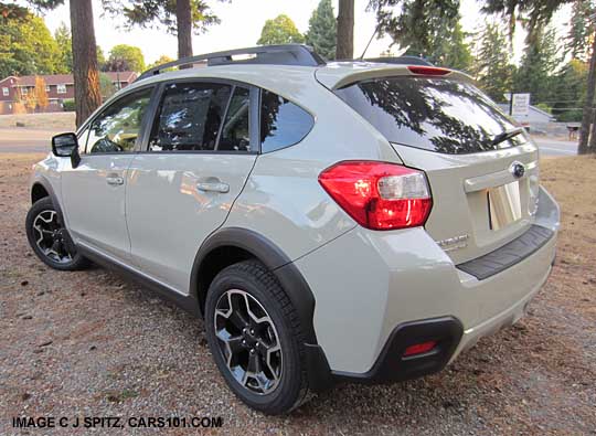 rear view of a 2013 subaru xv crosstrek, desert kaki color