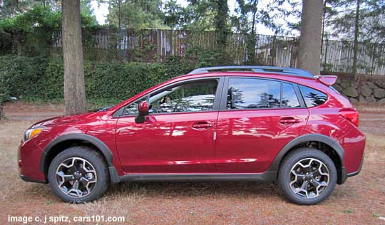 red sbaru crosstrek side view with optional rear spoiler