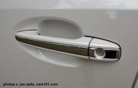 Crosstrek Hybrid front door handle has a chrome strip insert. satin white shown