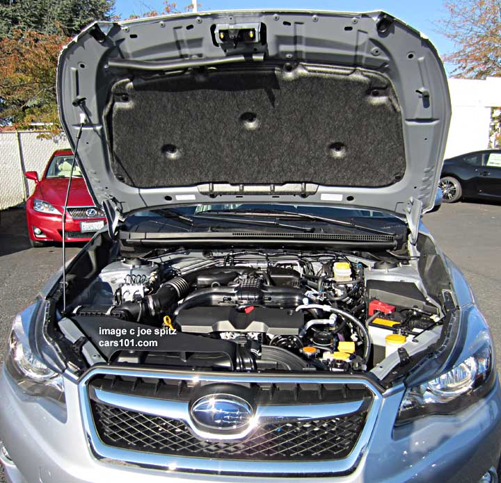 2015 and 2014 Crosstrek engine compartment, hood up showing insulation