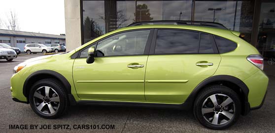 Crosstrek Hybrid, optional body side moldings. Plasma Green color