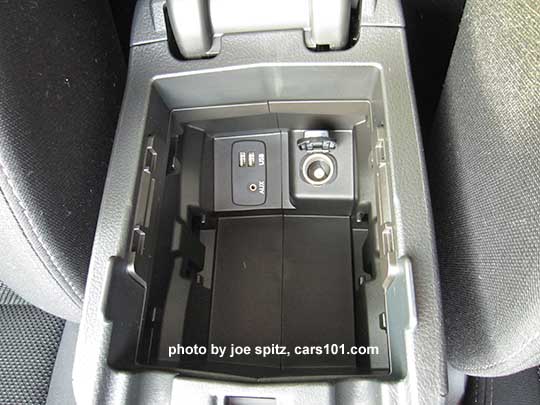 2015 Subaru Crosstrek center console storage with USB, aux jack. and 12v power outlet