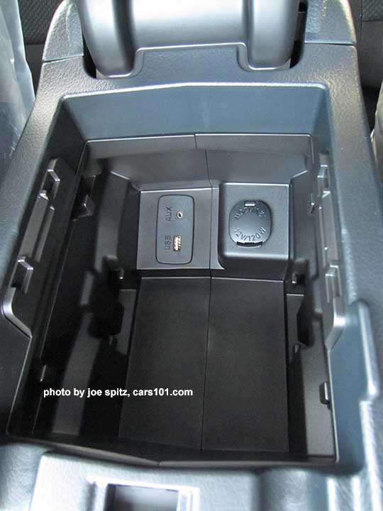 2015 Subaru Crosstrek base 2.0i or Premium center console storage with single USB port, aux jack. and 12v power outlet