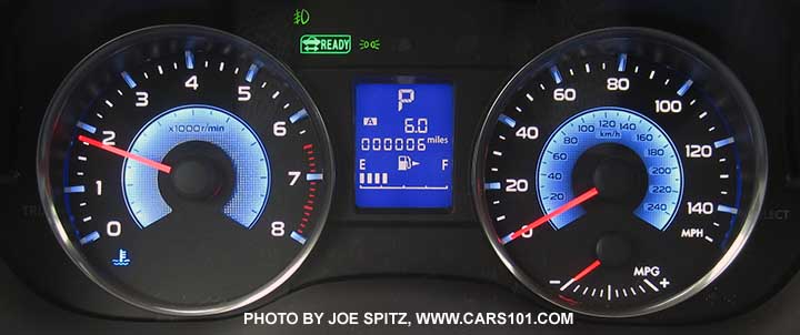 15 Crosstrek Hybrid, Hybrid Touring Dash gauges- electrolumescent cool blue dials with off white numbers and red needles, analog tach, speedometer, eco gauge,  2 trip odometer