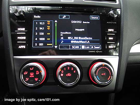 2015 Crosstrek 2.0i and Premium model heater/ac control knobs, 4 speed fan. Premium shown with gloss black audio surround