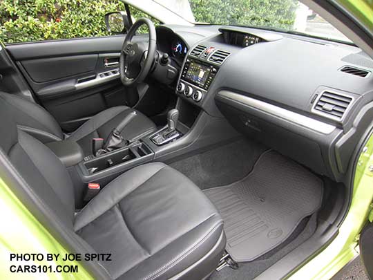 2015 Subaru Crosstrek Hybrid black leather interior, optional rubber floor mats. Plasma Green car