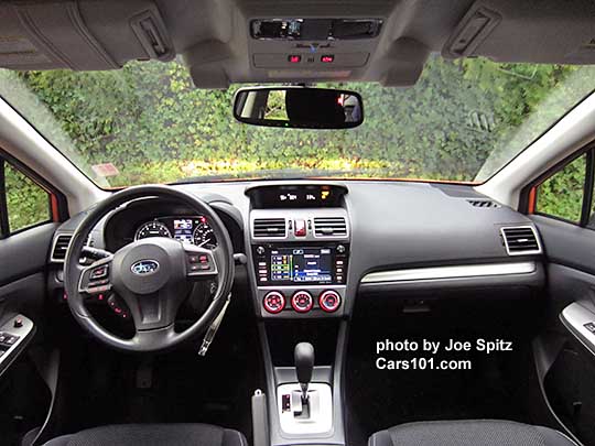 interior photo, 2015 Crosstrek Premium with optional Eyesight, has silver shift surround, glass black audio surround