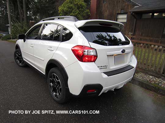 2015 XV Crosstrek rear view, crystal white, optioanl rear spoiler